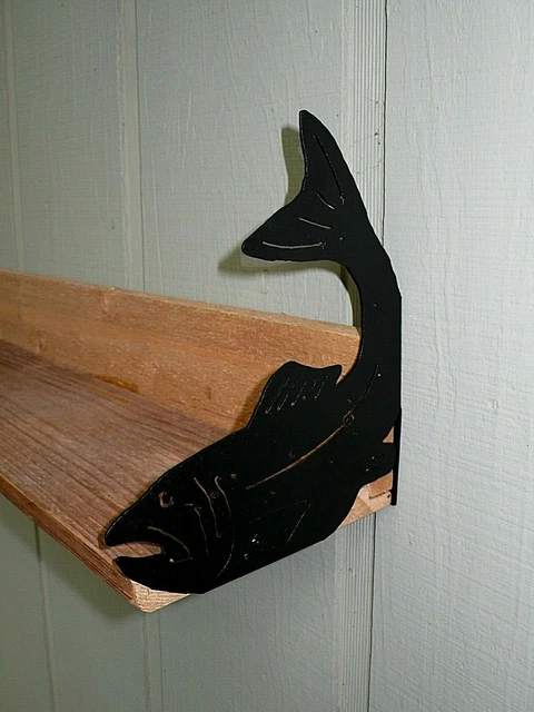 BARN WOOD shelf of Reclaimed ROUGH CUT CEDAR w/ TROUT / SALMON metal endcaps 47" 2