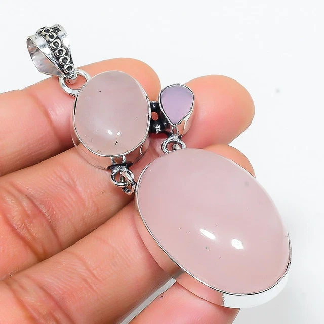 Rose Quartz, Chalcedony Gemstone Handmade Gift Jewelry Pendant 2.76" a363