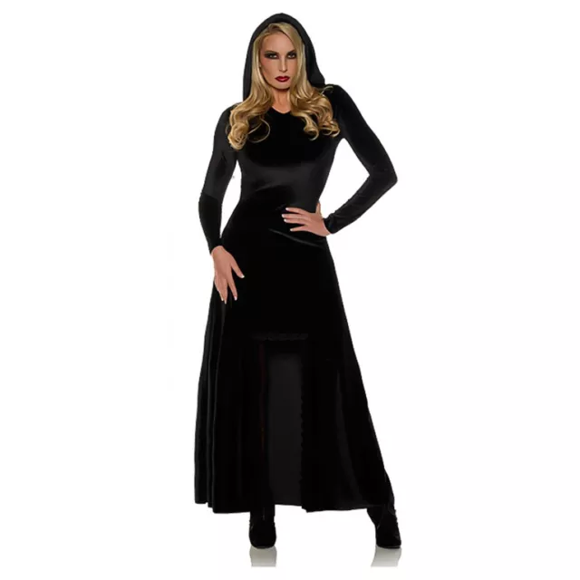 Womens Sorceress Wiccan Witch Gothic Halloween Costume Hooded Blk Dress S M L XL