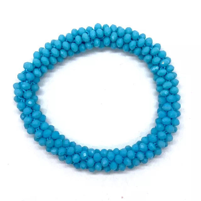 Bracelet Opaque Aqua 4 mm Faceted Crystals Stretch Woven Rope