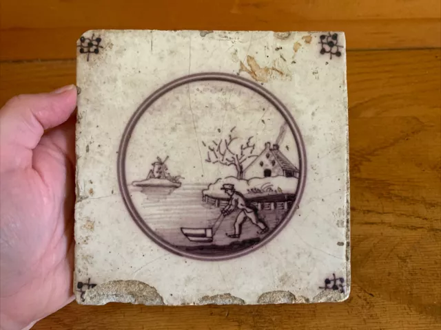 18th Century Tin Glazed Tile Super Neat  W Mulberry Purple Color , Man W Plow