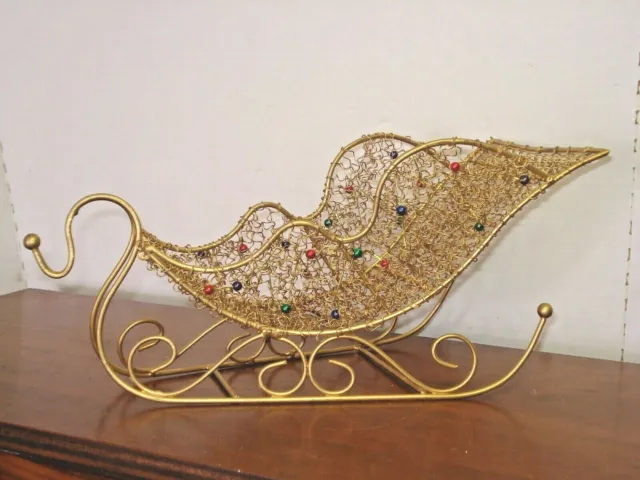 vtg Santa Sleigh wrought iron twisted wire Christmas trees ornaments gold 14 x 6