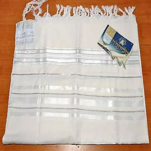 Tallit Prayer Shawl Wool White Stripes & Silver Model 70