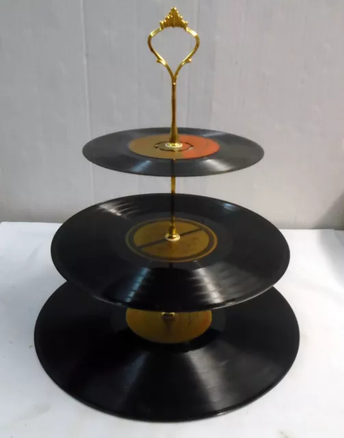 Cup cake stand - 3 tier vinyl record  GOLD centres Golden Wedding  Anniversary