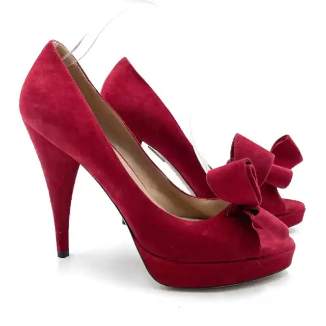 New Valentino Pumps Red Suede Bow Stiletto Peep Toe Heels Sz 39.5 / 9.5