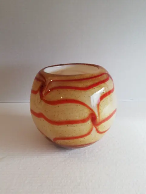 Studio Cased Glass Art Vase With Orange Trailed Pattern On A Cream Tones Body