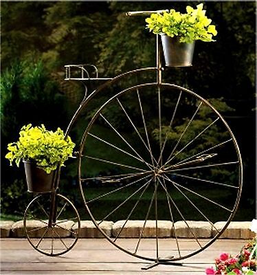 Old-Fashioned High Wheeled Bicycle Plant Stand * Iron W/ 2 Buckets * Nib