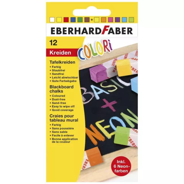 EBERHARD FABER Tafelkreide eckig 12mm neon + basic 12 Stück, Länge 90mm
