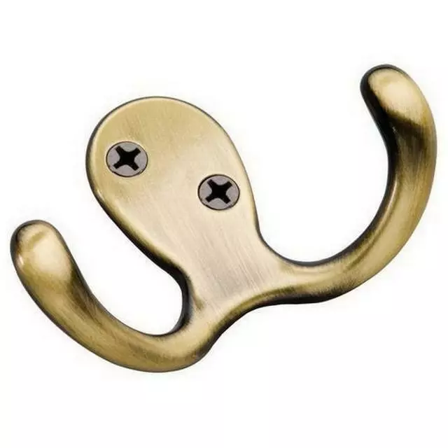 Lot of (10) Antique Brass DOUBLE Coat Robe Bath Utility Hooks, Hickory P27115-AB