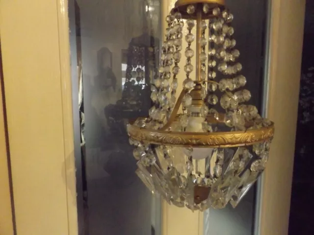 Vintage crystal chandelier ceiling light French Gilded Brass 