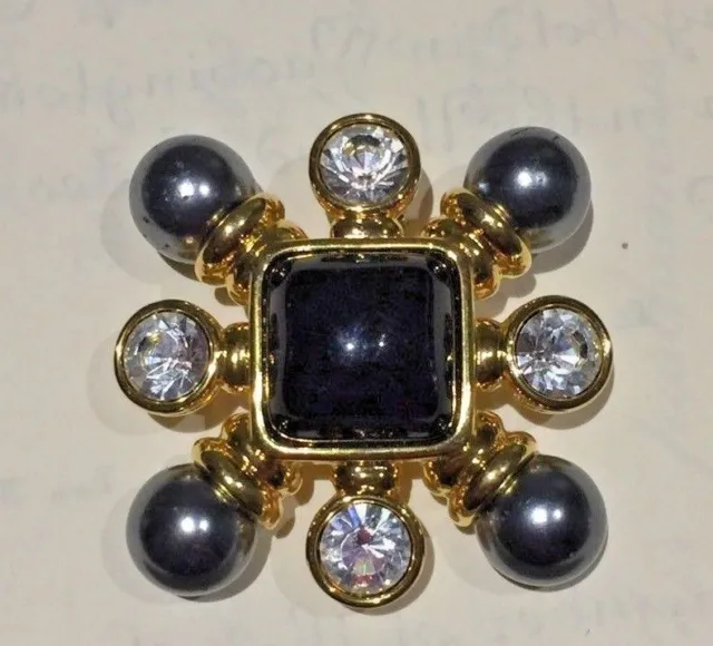 Vintage JOAN RIVERS "San Lorenzo" Grey Pearl & Clear Crystal Pin Brooch Pendant