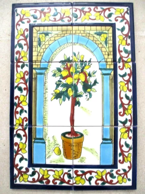 12" x 18" Hand painted Lemon Tree Ceramic tile Art  Wall mural panel Backsplash