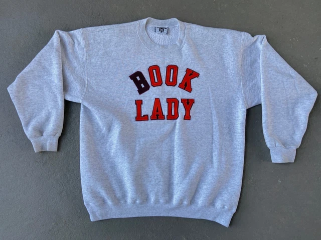 vintage 1990s book lady sweatshirt | grey spellout | large, XL extra large