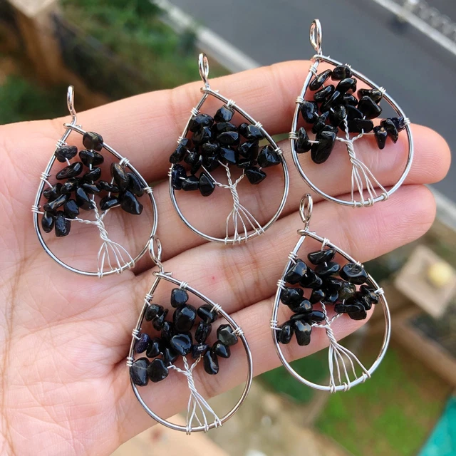 5PCS Yoga Obsidian Gems Stone Tree Of Life Pendants Reiki Healing Amulet