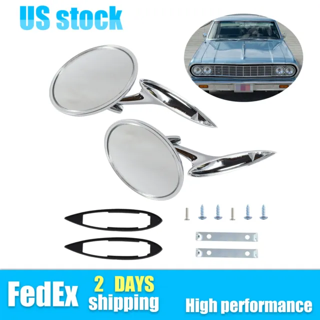 Round Outside Rearview Mirrors Ribbed Base Fits 1969-1995 Chevy Impala Nova