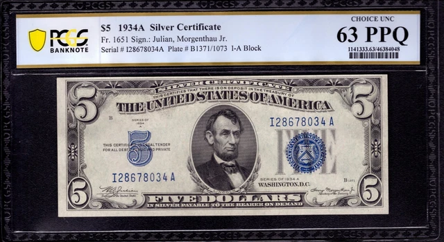 1934 A $5 Silver Certificate Note Fr 1651 Ia Block Pcgs B Choice Unc 63 Ppq