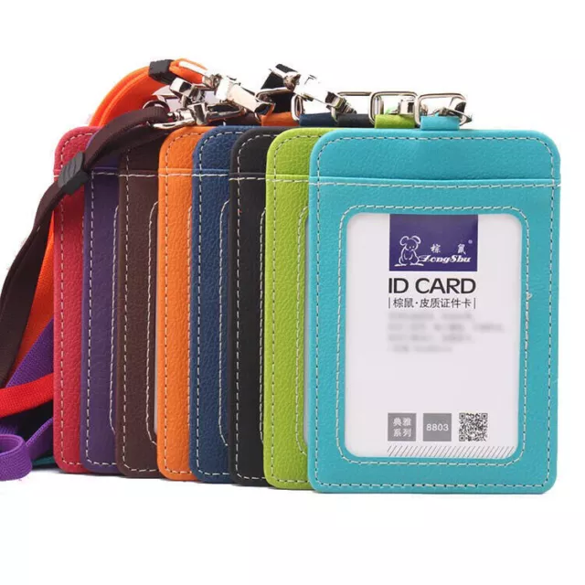 ID Badge Card Holder Pu Leather Vertical Clip Neck Strap Lanyard Necklace Case