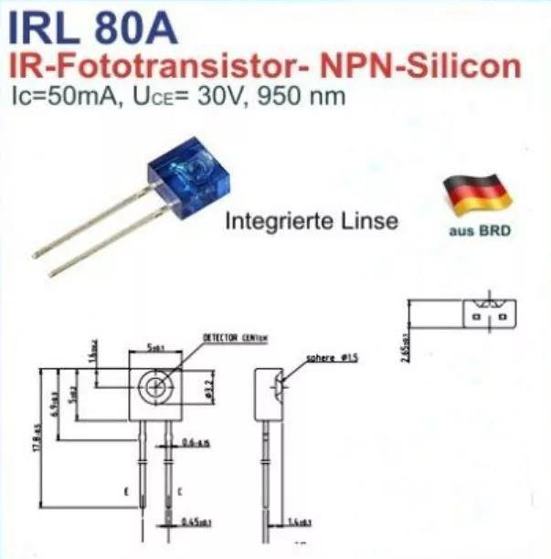 IRL80A - IR-Fotodioden NPN-Silicon flach,50mA, 30V, 950nm, 5St.