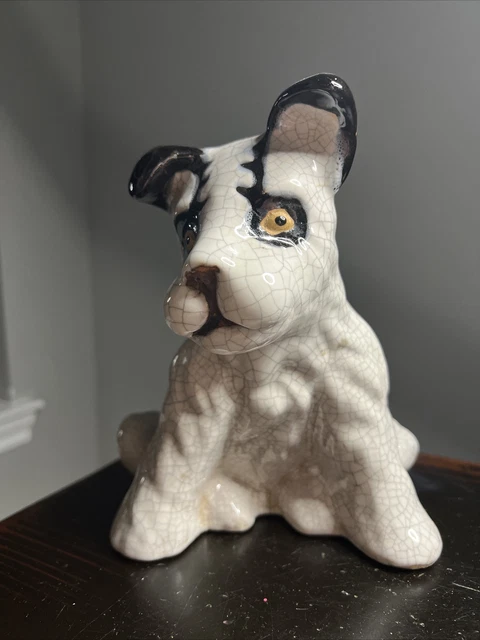 Sitting Boston Terrier Jack Russell Dog Puppy Folk Art Ceramic Figurine