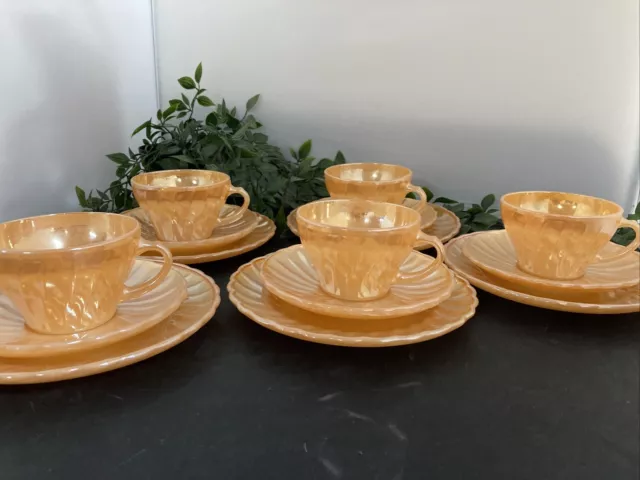 Set Of 5 VINTAGE Anchor Hocking Fire King Peach Luster Cup & Saucer Set + Plates
