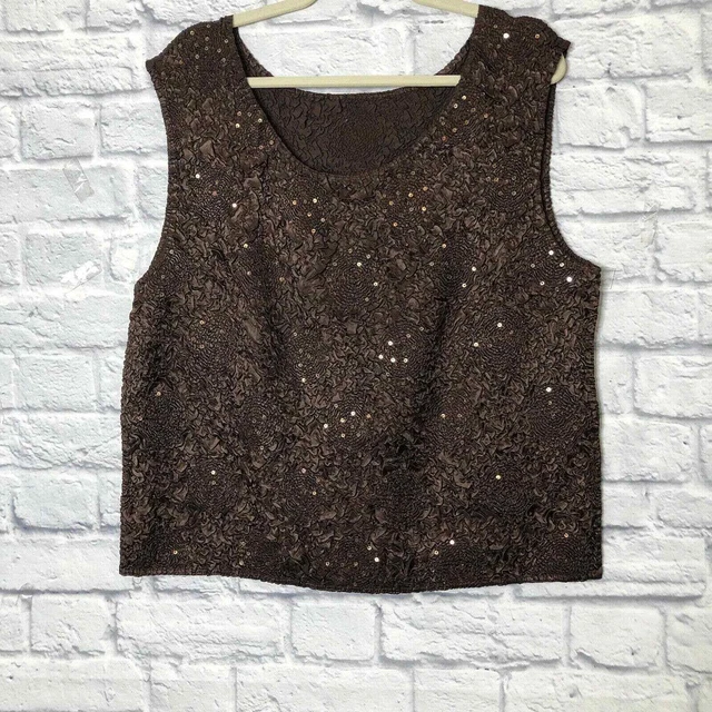 Brown textured and embellished sleeveless top please see measurements Free Ship