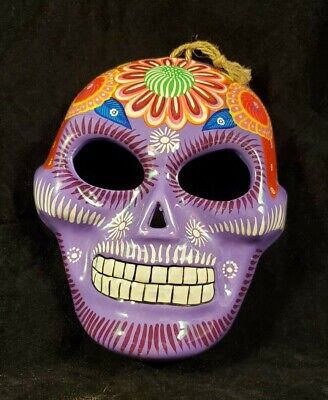 Large DAY of the DEAD Skull, Painted Clay Skull Mask, Mexican Folk Art