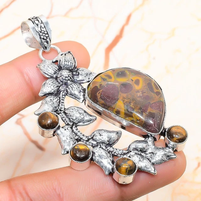 Bamboo Jasper, Tiger Eye Gemstone Handmade Gift Jewelry Pendant 2.56" O214