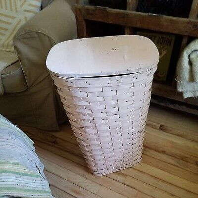 Antique 24" Wood Splint Woven Hamper Laundry Storage Basket Pink w/Lid Vintage