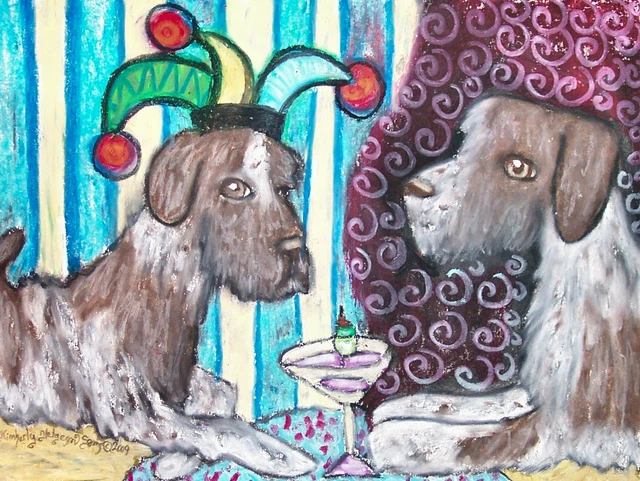German Wirehaired Pointer Drinking Coffee Original Painting 9 x 12 Vintage Style