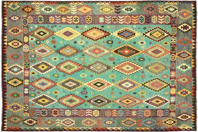 Afghan Maimana Kilim Carpet Hand Woven 300x390 Turquoise Geometric Oriental Rug