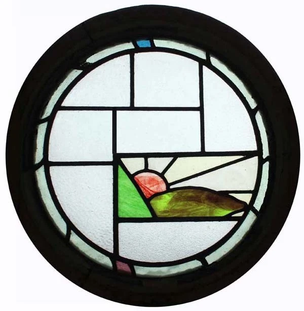 Rare Art Deco Sunburst Over The Hills English Round Stained Glass Window