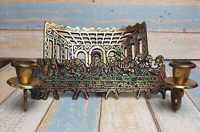 Vtg The Last Supper Brass Candle Holder filigres ornate Jerusalem Jesus religion