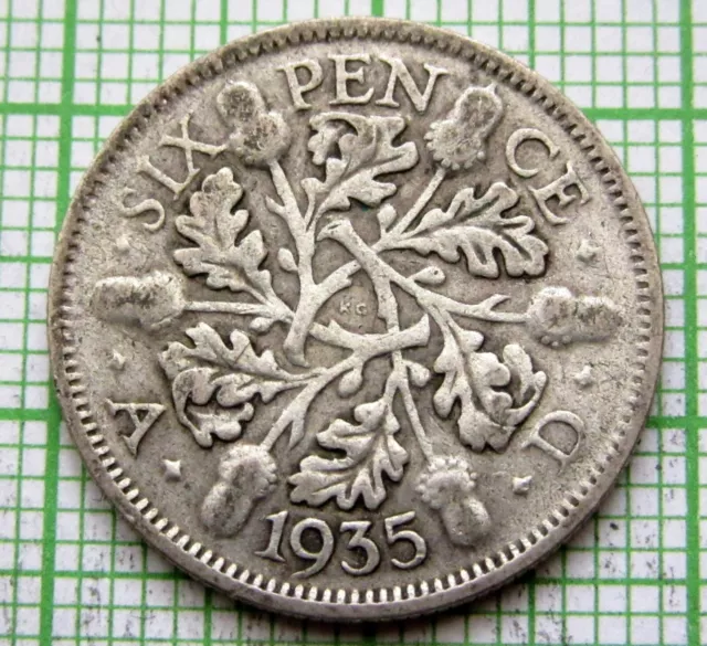 Great Britain George V 1935 6 Pence Sixpence, Acorns, Silver