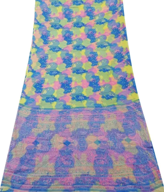 Jahrgang Blau Sari Polyester Stoff Blumen Drucken Indisch 5 Yard Saree SI14370