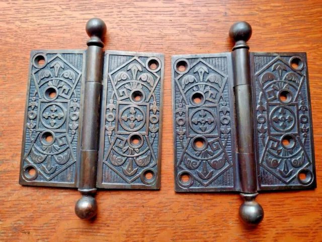 Two Antique Iron Fancy Ornate Door Hinges 4.5" X 4.5" 1878 Russell & Erwin   #35