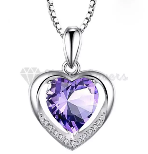 Purple Women Girls 925 Sterling Silver Crystal Love Heart Pendant Necklace Gift