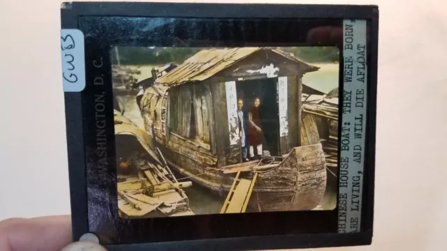 Colored Glass Magic Lantern Slide GWB CHINA CHINESE HOUSE BOAT BORN LIVE DIE WAT