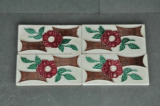 4 Pc Vintage Flower & Leaf Majolica Art Nouveau Architecture Tiles, Japan