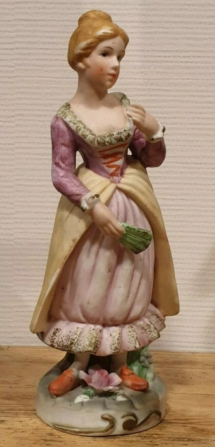 Figurine, statuette, biscuit, porcelaine, déco polychrome mate, Femme, Galante