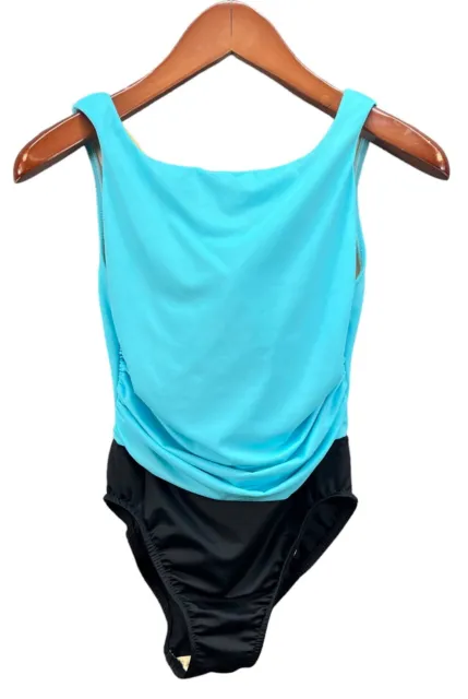 MIRACLESUIT Ruched Colorblock One Piece Swimsuit Bathing Suit SZ 10 Aqua Black
