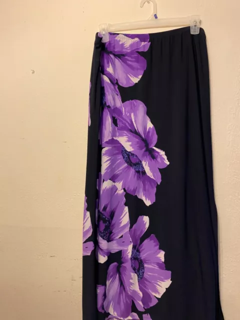 Susan Graver 1x Navy Purple Lilac & White Floral Side Split Maxi Skirt W 20 L 44