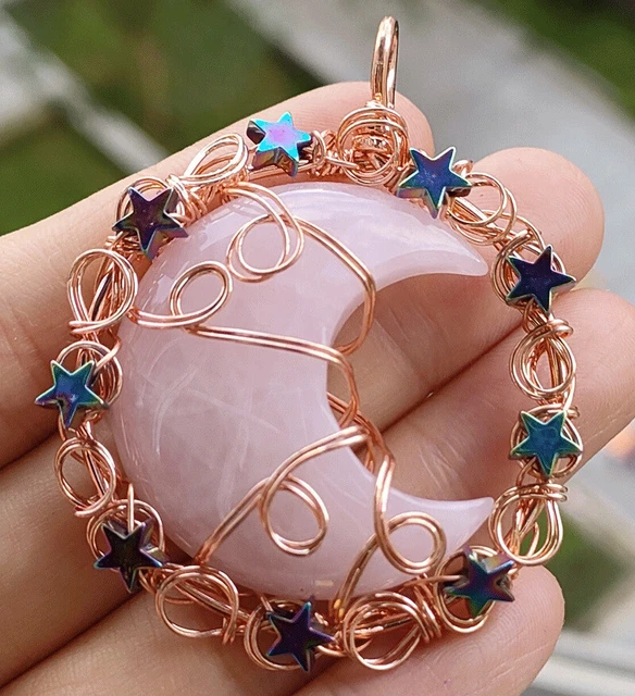 Rose Quartz Gems Moon Star Pendants Magic Reiki Healing Chakra Amulet Gold