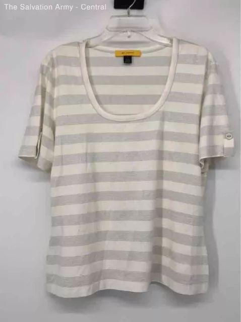 St John Womens White Gray Striped Scoop Neck Short Sleeve T-Shirt Size XL