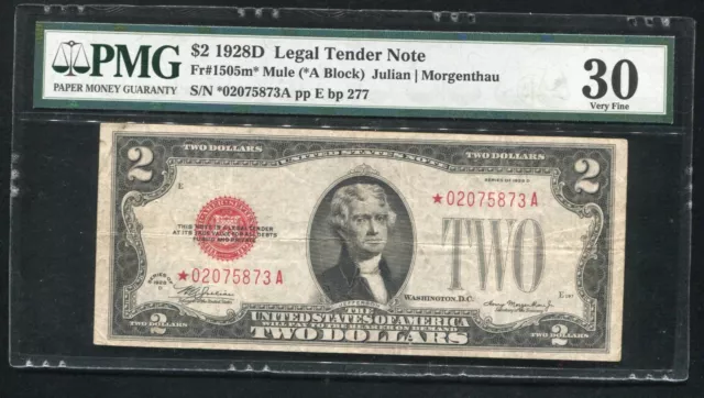 FR.1505m* 1928-D $2 *STAR* MULE LEGAL TENDER UNITED STATES NOTE PMG VERY FINE-30