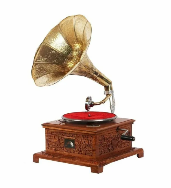 Reproductor de gramófono HMV estilo antiguo cuerda funcional funcionamiento 78 rpm disco