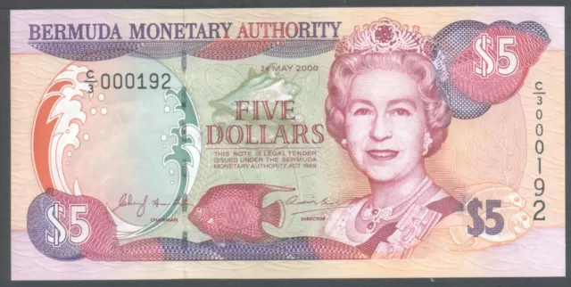 Bermuda  $5, 5 Dollars  2000, QEII, P-51 Low Serial 000192  , UNC Banknote