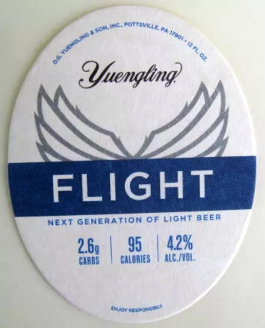 YUENGLING FLIGHT LIGHT BEER oval Beer COASTER, Mat, Pottsville, PENNSYLVANIA