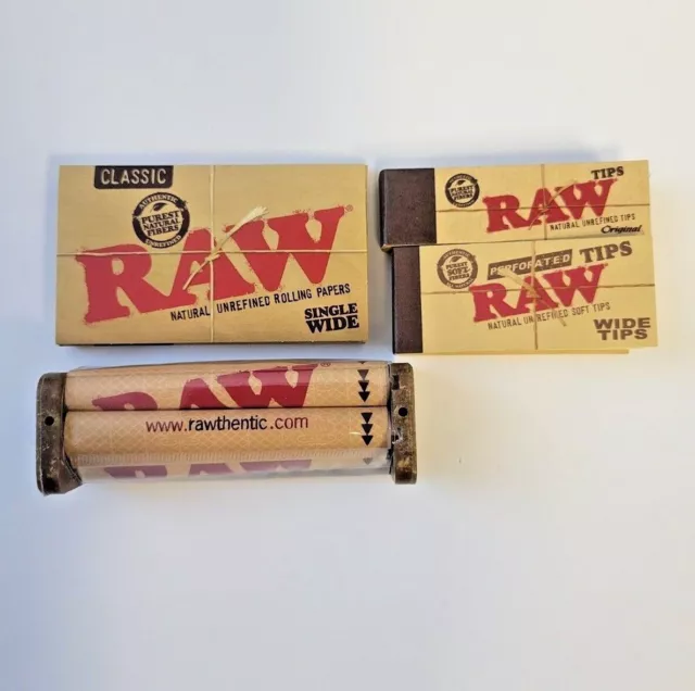 RAW Classic Single Wide Papers+ Rolling Machine+Wide & Original Tips 4 PC Bundle