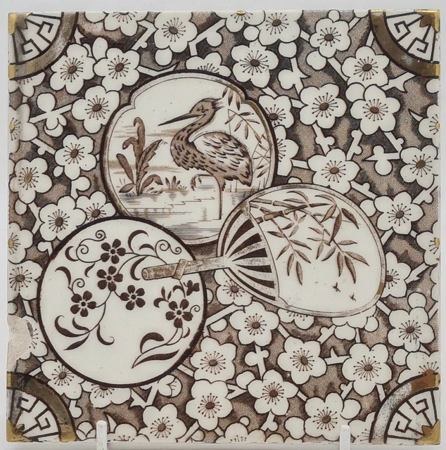 Antique Fireplace Tile Aesthetic Movement Japanesque Transfer Printed AE1