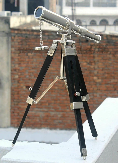 Vintage Brass Silver Desk Telescope Handmade Wooden Tripod Nautical Decorative